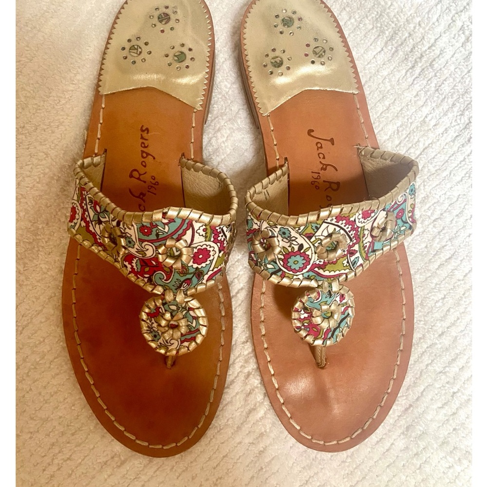 JACK ROGERS FLORAL MULTI FABRIC OVER LEATHER- Sz11 Good condition!